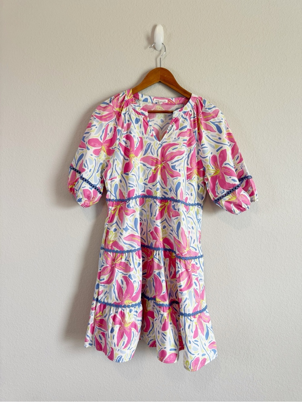 Mary Square Palmer Dress Hibiscus Harmony Tiered Puff Sleeve Dress Size M